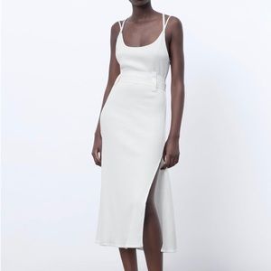 Zara Oyster White Ribbed Round Neck Midi Dress With Slits